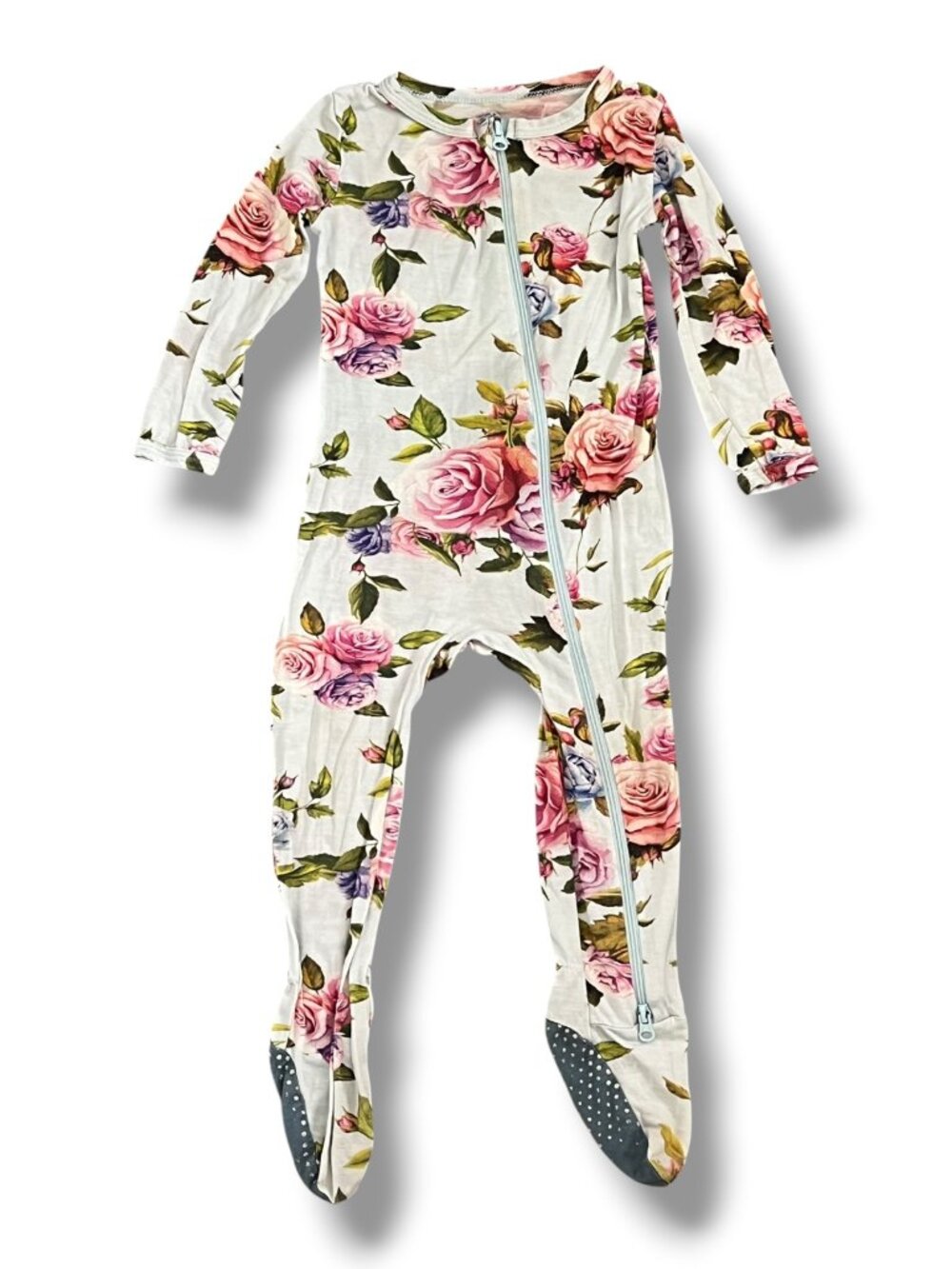 HAPIU Bamboo Light Blue with Roses Dual Zip Footie Sleeper Pajama Size 12-18M